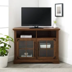 Avalene Rustic Farmhouse Corner TV Stand For TVs Up To 50" Natural Walnut - Saracina Home -Saracina Home GUEST 24a430f9 4680 4615 b716 7377396a0a55