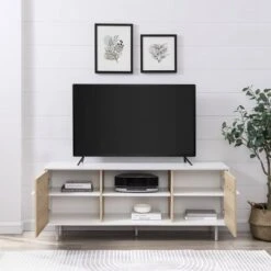 Modern 2 Door TV Stand For TVs Up To 65" Solid White/Coastal Oak/White - Saracina Home -Saracina Home GUEST 7c959a70 72d8 4ae6 80b0 dc6eec9473a6