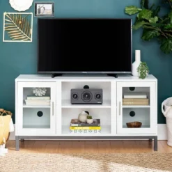 Pierceton Modern Double Glass Door With Metal Legs TV Stand For TVs Up To 58" White - Saracina Home -Saracina Home GUEST 929be342 b4dd 40d9 ac7e 102860112a8d