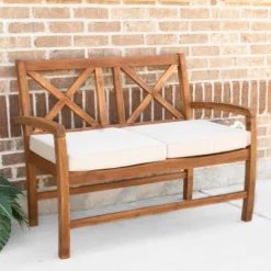 Acacia Wood X-Back Love Seat With Cushions Brown - Saracina Home -Saracina Home GUEST a375564a 7544 45f1 9224 786c06015617