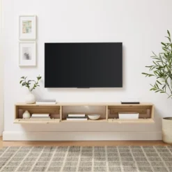 Modern Boho Floating TV Stand For TVs Up To 80" With Rattan Doors Coastal Oak - Saracina Home -Saracina Home GUEST bdcb8965 2ebd 49d4 815a d3cfdbcfb1e9