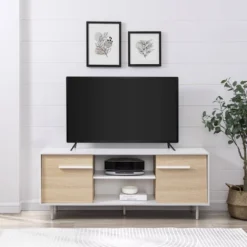 Modern 2 Door TV Stand For TVs Up To 65" Solid White/Coastal Oak/White - Saracina Home -Saracina Home GUEST d6237cf6 7faf 4a9a ab9d 1f1963b17cb5