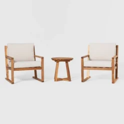 Saracina Home 3pc Modern Slat-Back Acacia Outdoor Conversation Set With Cushions -Saracina Home GUEST e228f191 c7e4 49f0 8884 eecb92073a20