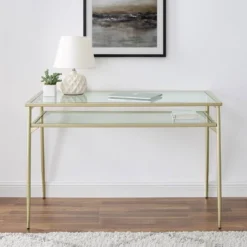 Modern 2 Tier Glass Top Writing Desk With Metal Legs Gold - Saracina Home 2 Modern 2 Tier Glass Top Writing Desk With Metal Legs Gold - Saracina Home -Saracina Home GUEST f29dbca3 f72a 47f1 b485 067966ea3eef