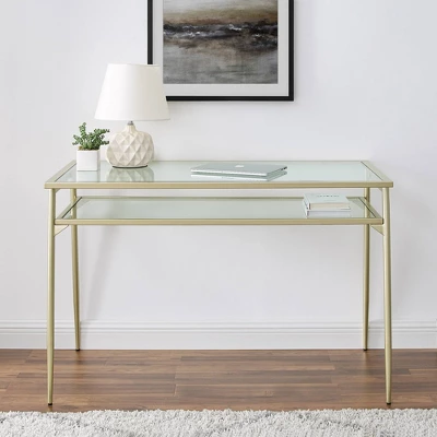 Modern 2 Tier Glass Top Writing Desk with Metal Legs Gold - Saracina Home Modern 2 Tier Glass Top Writing Desk With Metal Legs Gold - Saracina Home -Saracina Home GUEST f29dbca3 f72a 47f1 b485 067966ea3eef