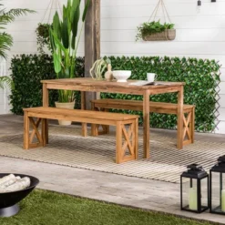 3pc Acacia Wood X Design Outdoor Patio Dining Set - Brown - Saracina Home